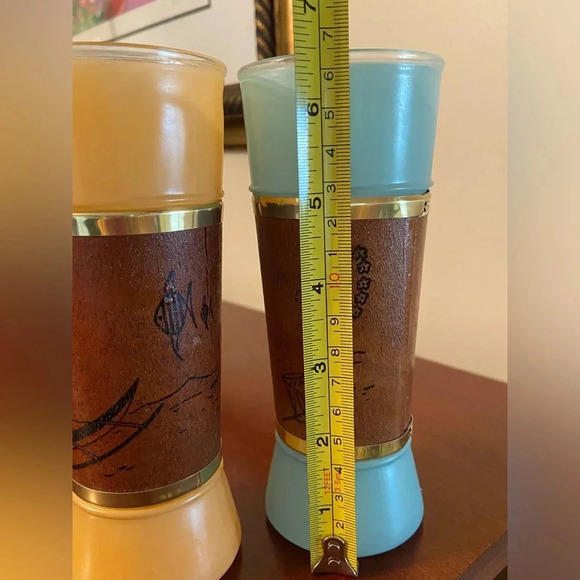 VINTAGE MCM SIESTA WARE TIKI BAR FROSTED GLASS SET 2 WOOD WRAP 60s Aqua & Mango - Picture 6 of 10